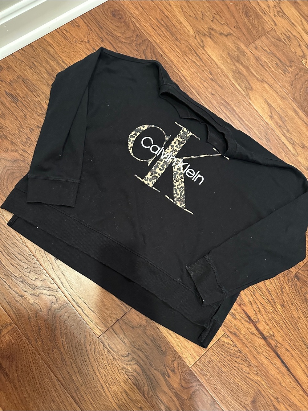 Calvin Klein Black Crewneck Sweatshirt with Leopard-Print CK Logo